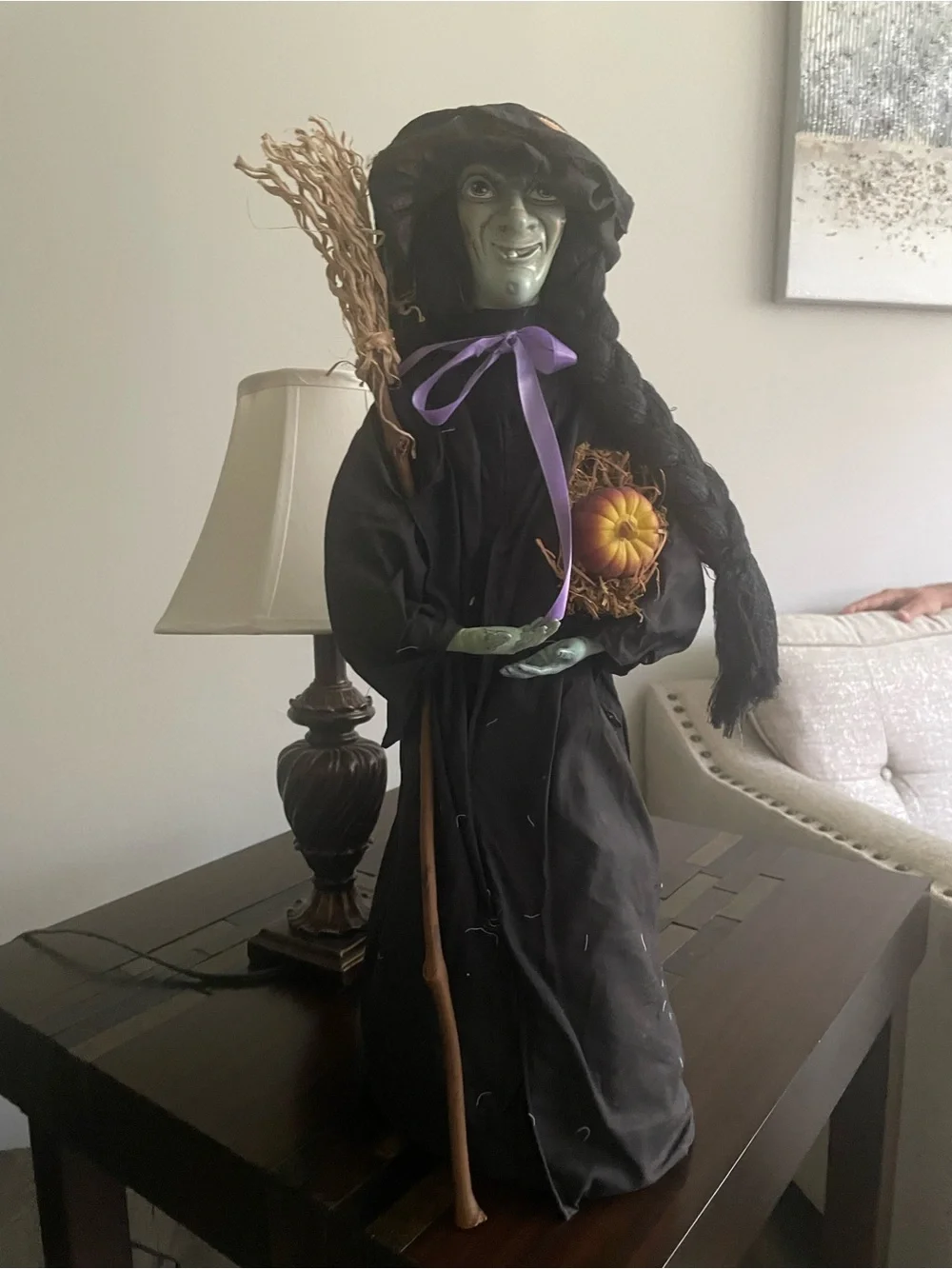 Halloween Fabric Witch Prop Figure w/ Broom Pumpkin - Black Purple